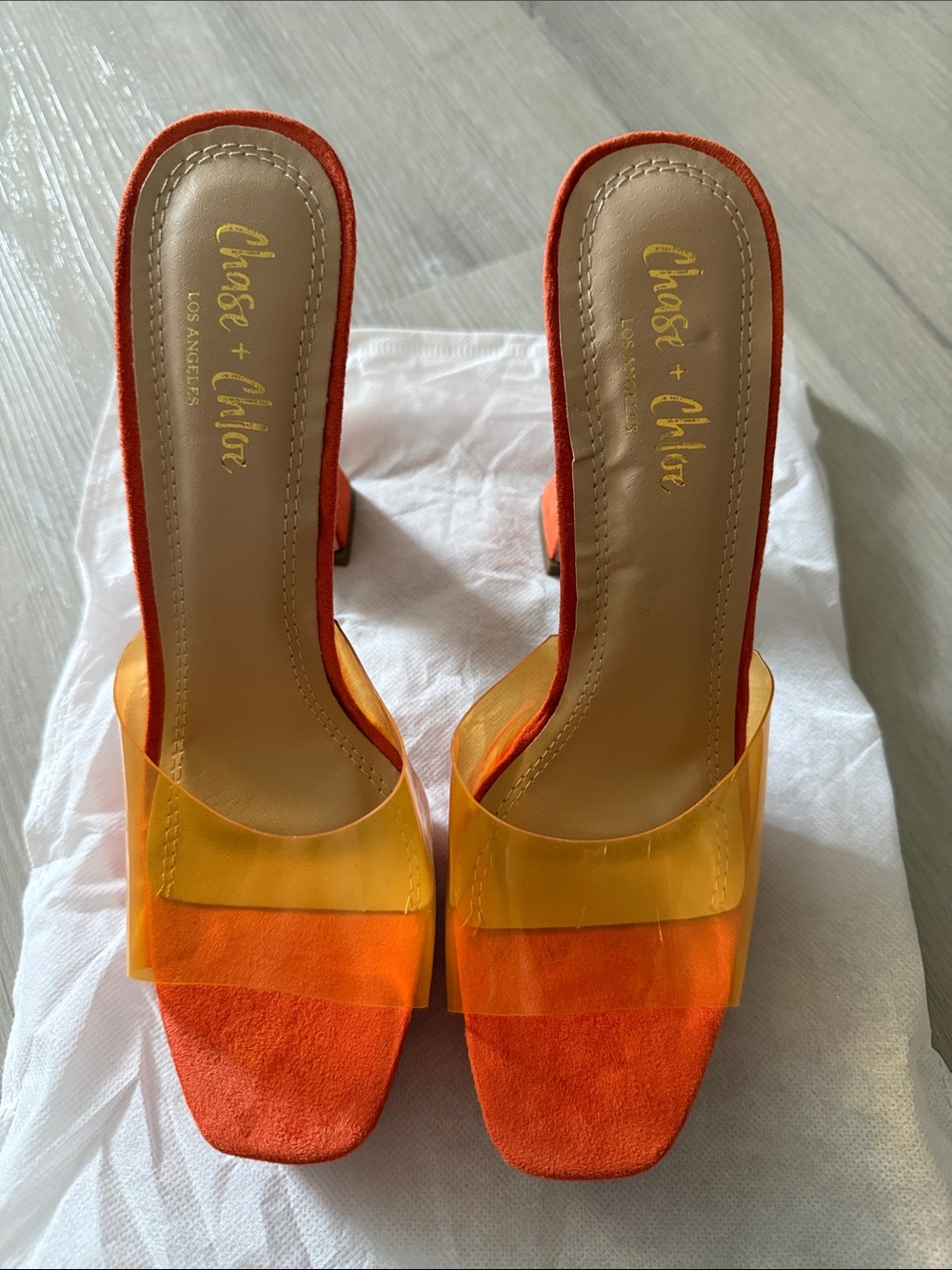 Chase + Chloe Orange Suede Slide Sandals with Yellow Clear Strap